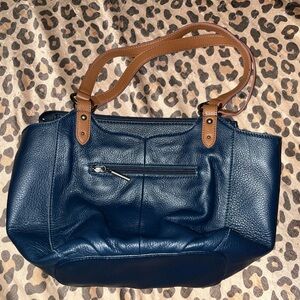 Elegant Navy Leather Shoulder Bag with Tan Straps